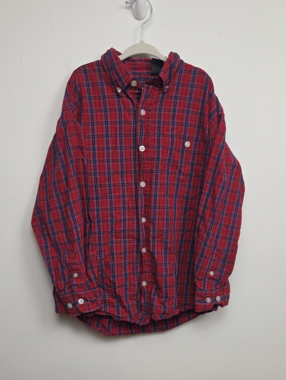 Boys 100% Cotton Red/Blue Plaid Button Down Casual Collar Long Sleeve Shirt Sz 8